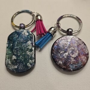 2 HANDCRAFTED Wood Keychains HANDPAINTED Keyrings W/ Dangle Tassles Multi Color